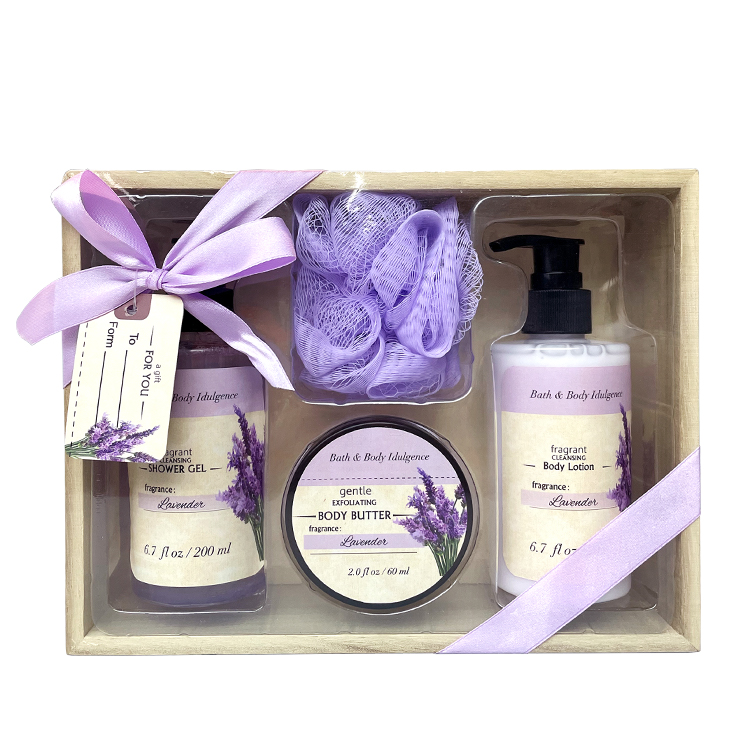 Oem Wholesale Privite Logo Personal Care Gift Set Natural Shower Gel Body Lotion And Body Butter Wooden Bath Gift Sets