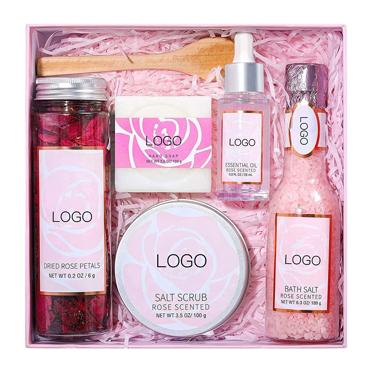 Wholesale Natural Private Label Rose Scent Bath Salt Essential Oil Bath Rose Petal Salt Scrub Soap Skin Care Bath Gift Sets