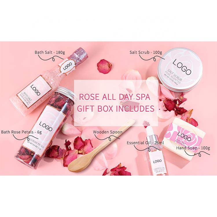 Wholesale Natural Private Label Rose Scent Bath Salt Essential Oil Bath Rose Petal Salt Scrub Soap Skin Care Bath Gift Sets