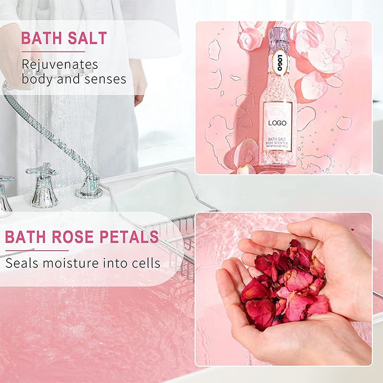 Wholesale Natural Private Label Rose Scent Bath Salt Essential Oil Bath Rose Petal Salt Scrub Soap Skin Care Bath Gift Sets