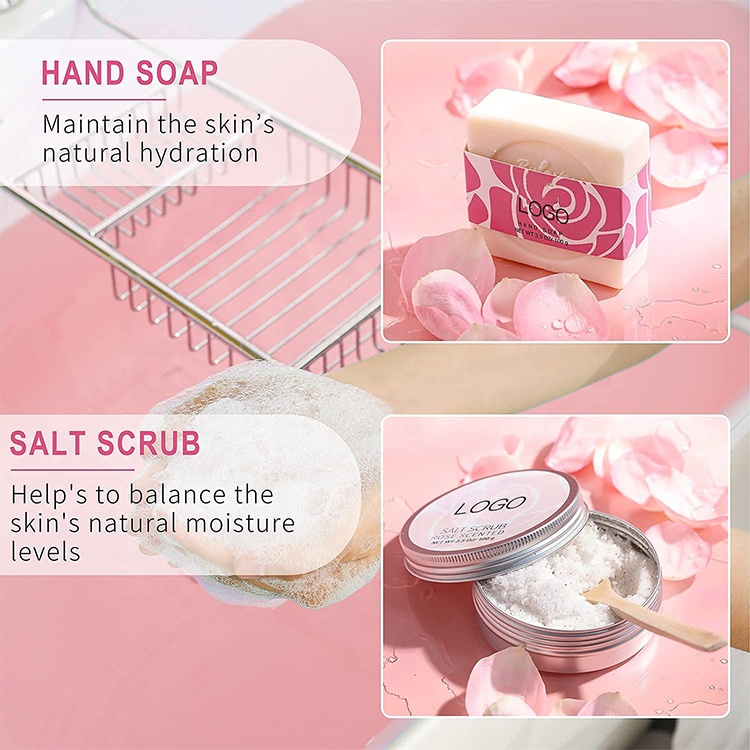 Wholesale Natural Private Label Rose Scent Bath Salt Essential Oil Bath Rose Petal Salt Scrub Soap Skin Care Bath Gift Sets