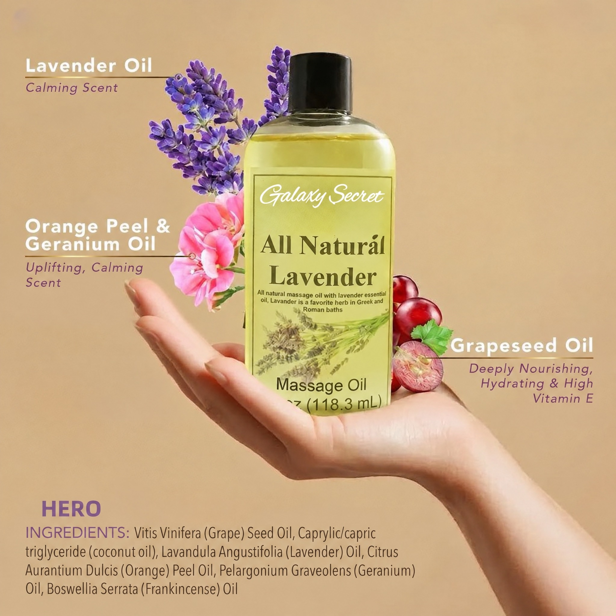 Galaxy Secret Lavender Relaxation Essential Massage Oil Nourishing Moisturizer Natural Blend Spa Quality Calming Aromatic