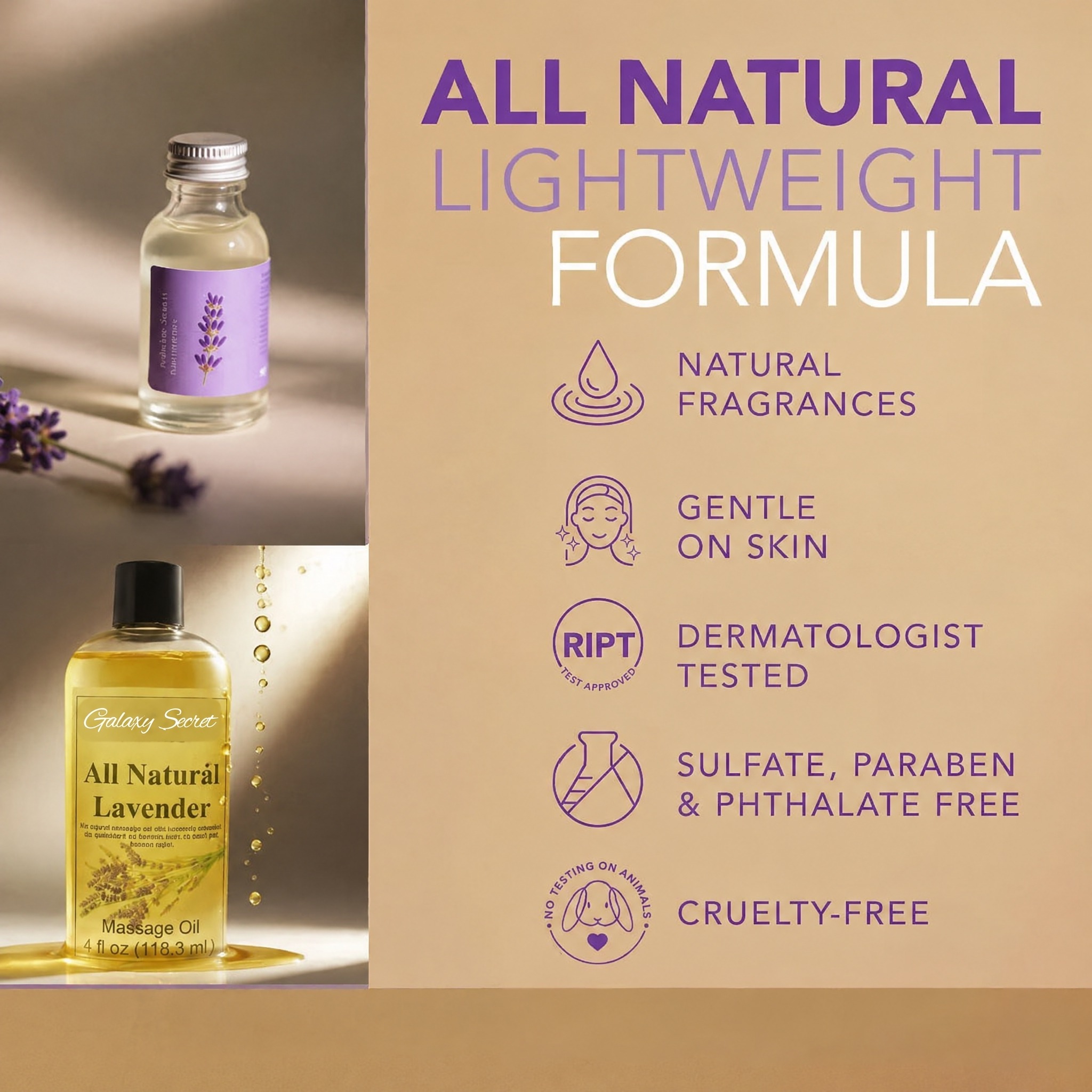 Galaxy Secret Lavender Relaxation Essential Massage Oil Nourishing Moisturizer Natural Blend Spa Quality Calming Aromatic