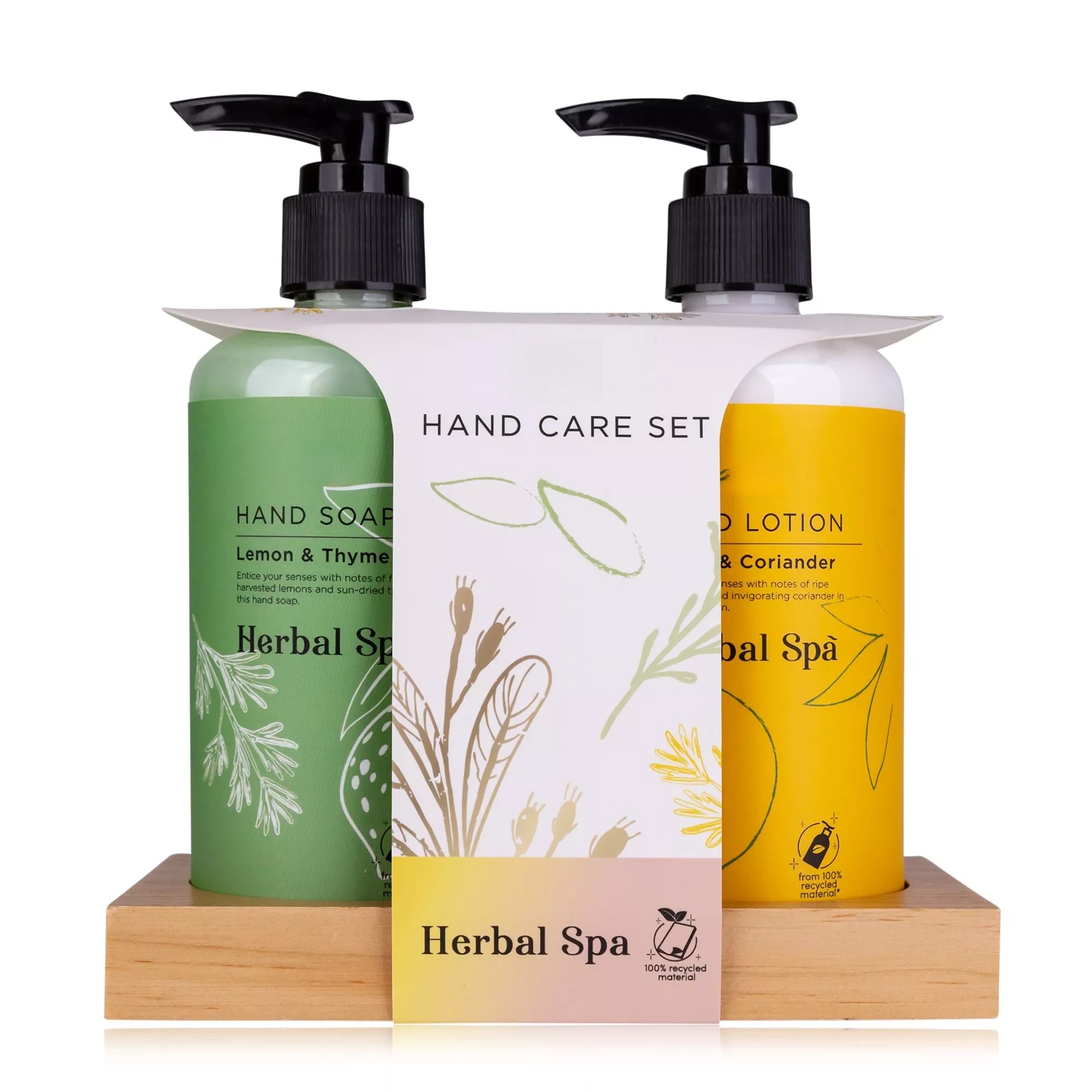Custom Hand Care Kit Wooden Stand 290ml Hand Duo Cream Hyaluronic Acid Lavender Fragrance Recycled Material Bottles Refillable