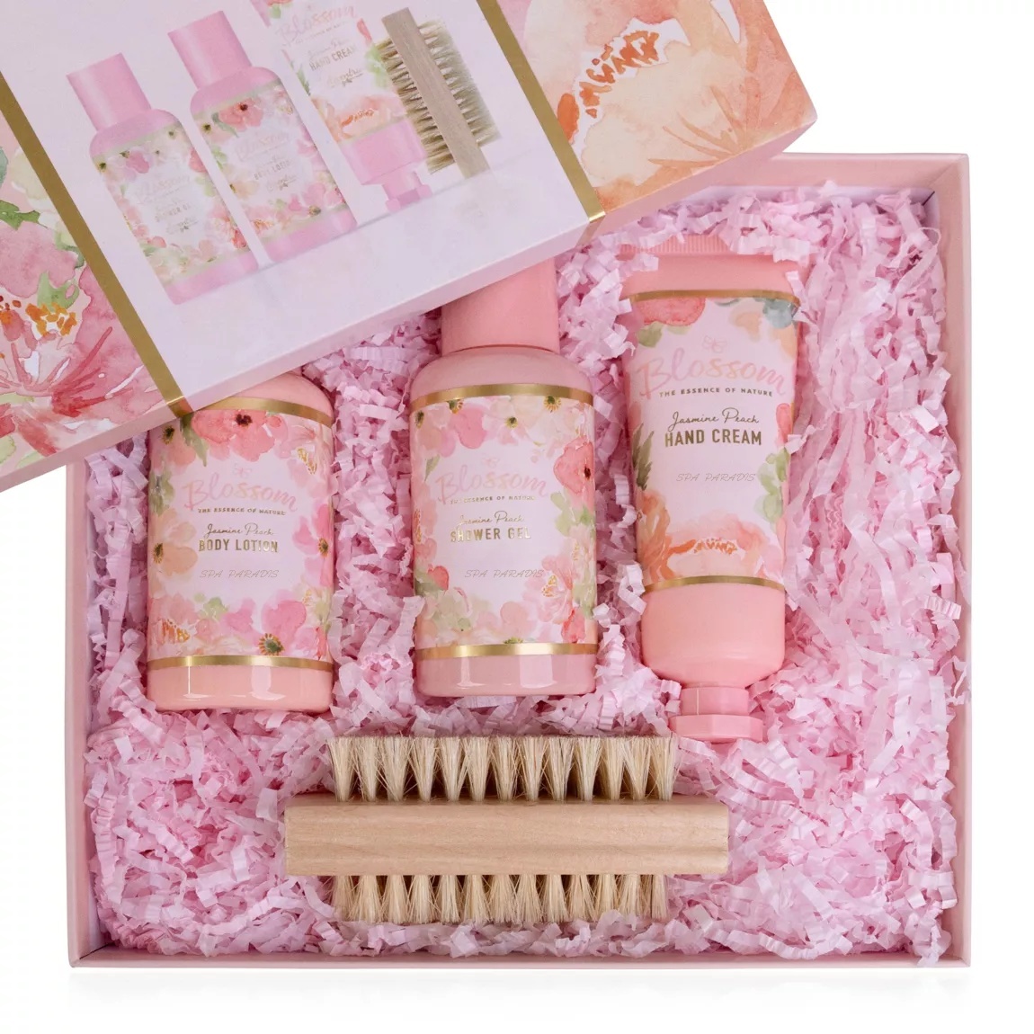 Oem Wholesale Blossom Bath Gift Set For Women Attractive 100ml Body Wash Lotion Brush Hand Cream And Salt Gift Box