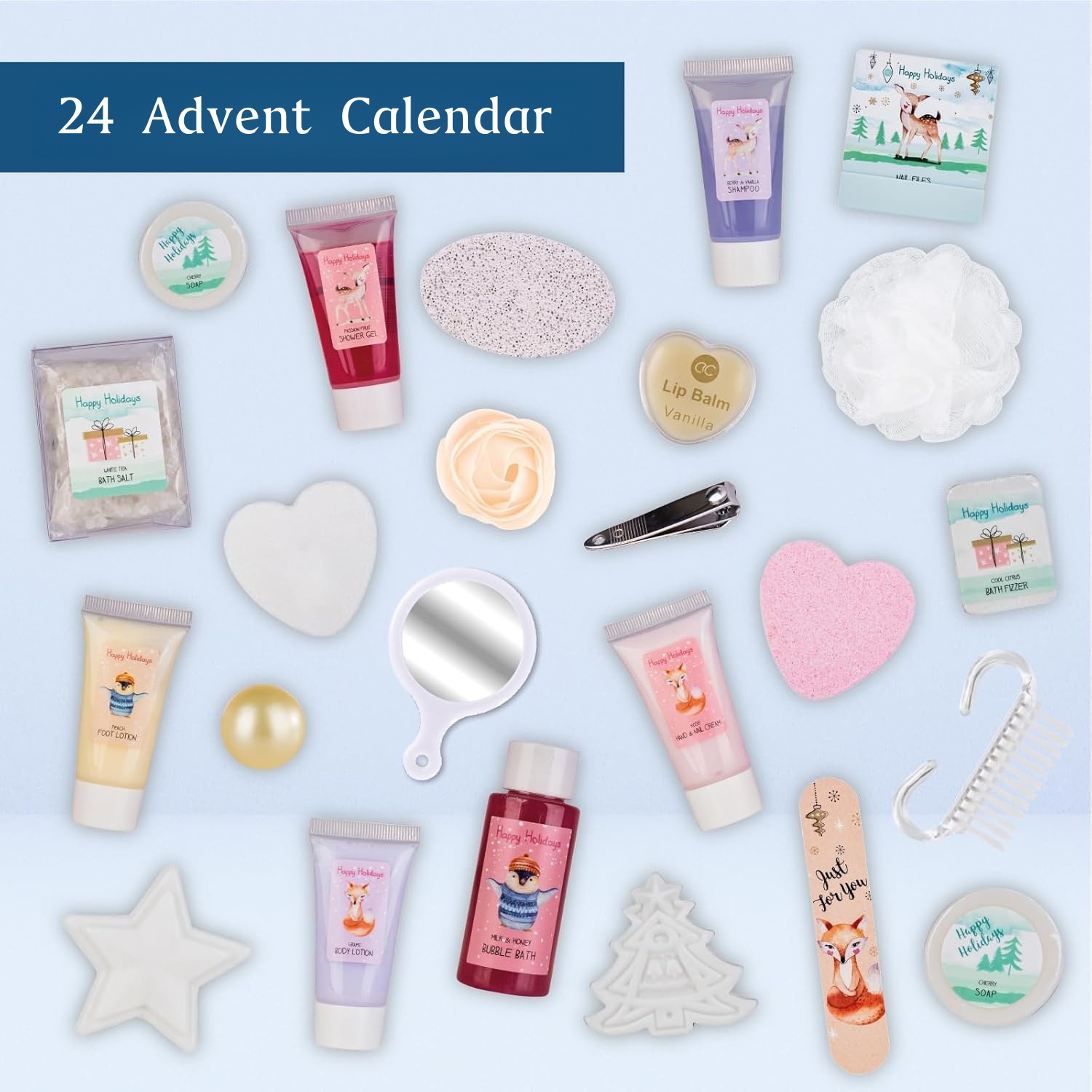 Oem Wholesale Happy Holidays 24-piece Advent Calendar For Girls With Hand Cream Nourishing Moisturizer Bath & Body Care Gift Set
