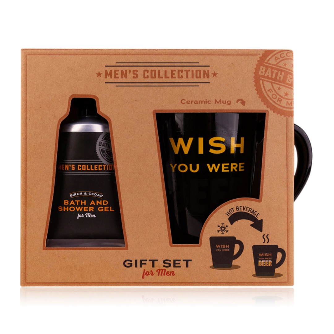 Oem Wholesale Men's Organic Gift Set Wish You Were Beer Including 60ml Bath Shower Gel 250ml Ceramic Mug Custom Scent