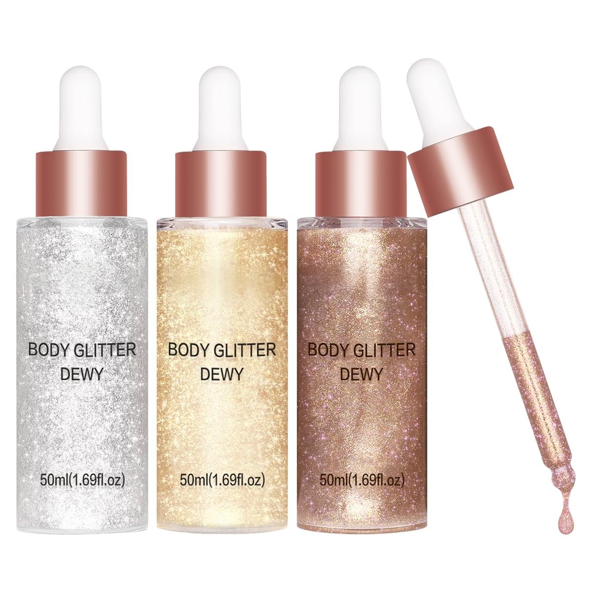 Oem Mineral Glow Shimmer Long Lasting Highlighter Liquid Face & Body Dewy Holographic Luminizer (3 Pcs)
