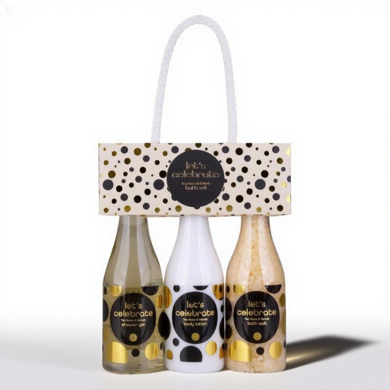 Oem Wholesale Let's Celebrate Women's Gift Set In Plastic Champagne Bottle - Bath & Shower Set With Tea Rose & Velvet Scent