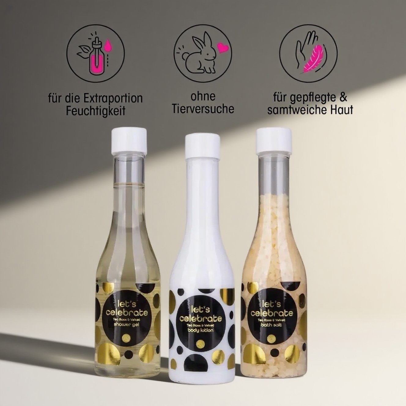 Oem Wholesale Let's Celebrate Women's Gift Set In Plastic Champagne Bottle - Bath & Shower Set With Tea Rose & Velvet Scent