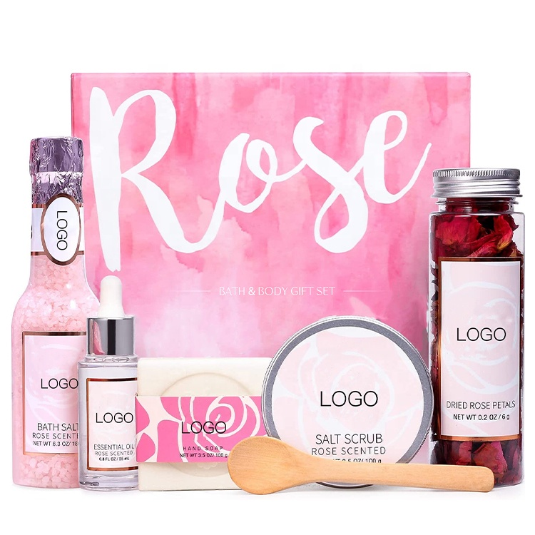 Private Label Natural Rose Cent Bath Salt Essential Oil Bath Rose Petal Salt Scrub Bath Gift Sets