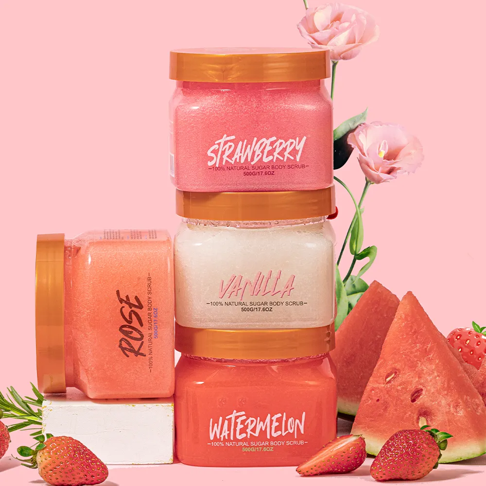 Hot Selling Private Label Organic Vegan Strawberry Moisturizing Shea Butter Body Scrub Exfoliating Whitening Sugar Body Scrub
