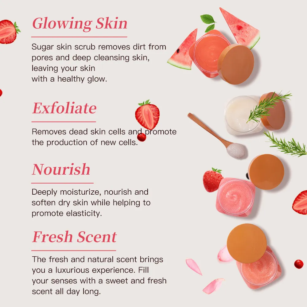 Hot Selling Private Label Organic Vegan Strawberry Moisturizing Shea Butter Body Scrub Exfoliating Whitening Sugar Body Scrub