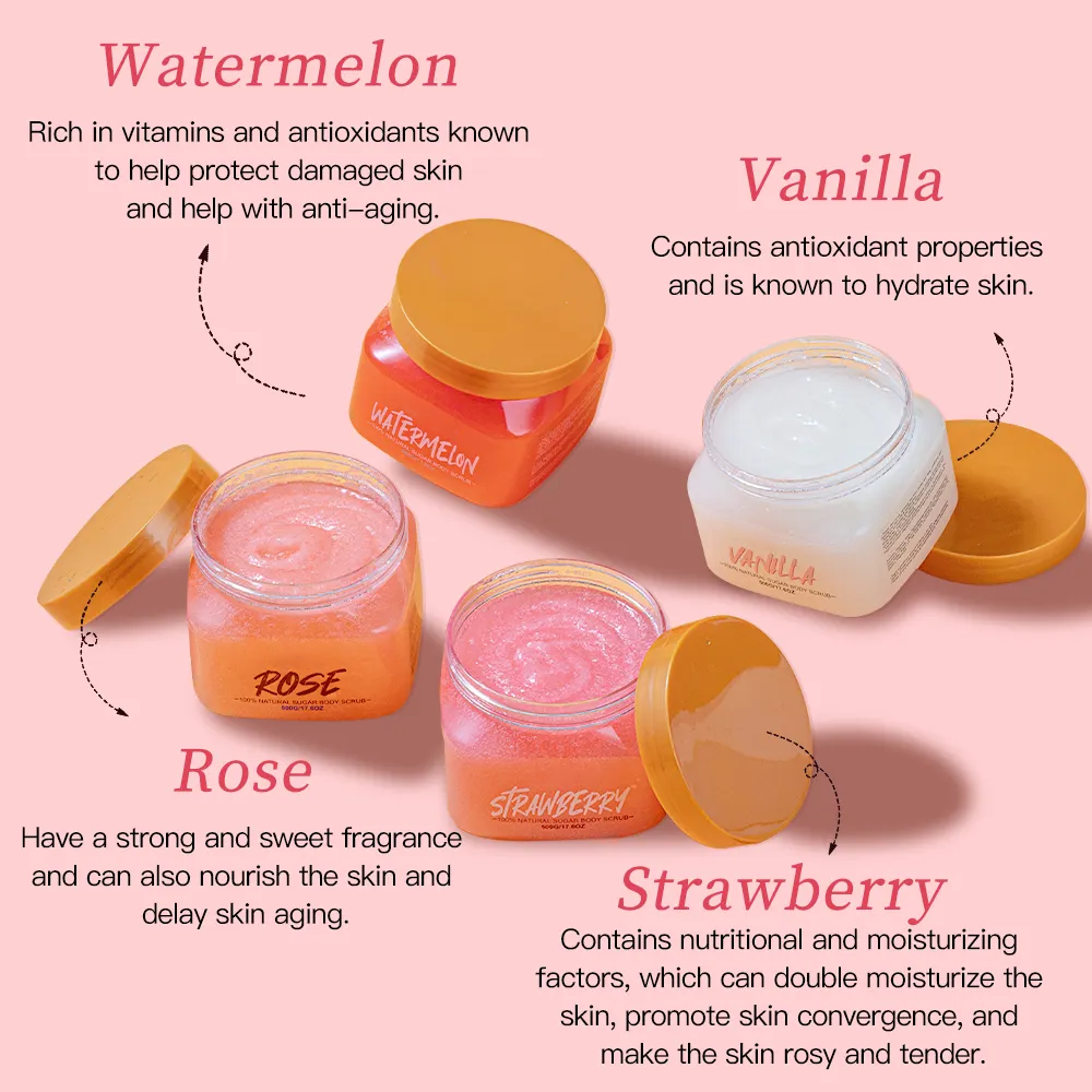 Hot Selling Private Label Organic Vegan Strawberry Moisturizing Shea Butter Body Scrub Exfoliating Whitening Sugar Body Scrub