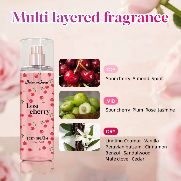 Oem Wholesale Room Spray Perfume Moisturizing Nourishing Refreshing Body Mist Cherry Long Lasting Fragrance 240ml Body Splash