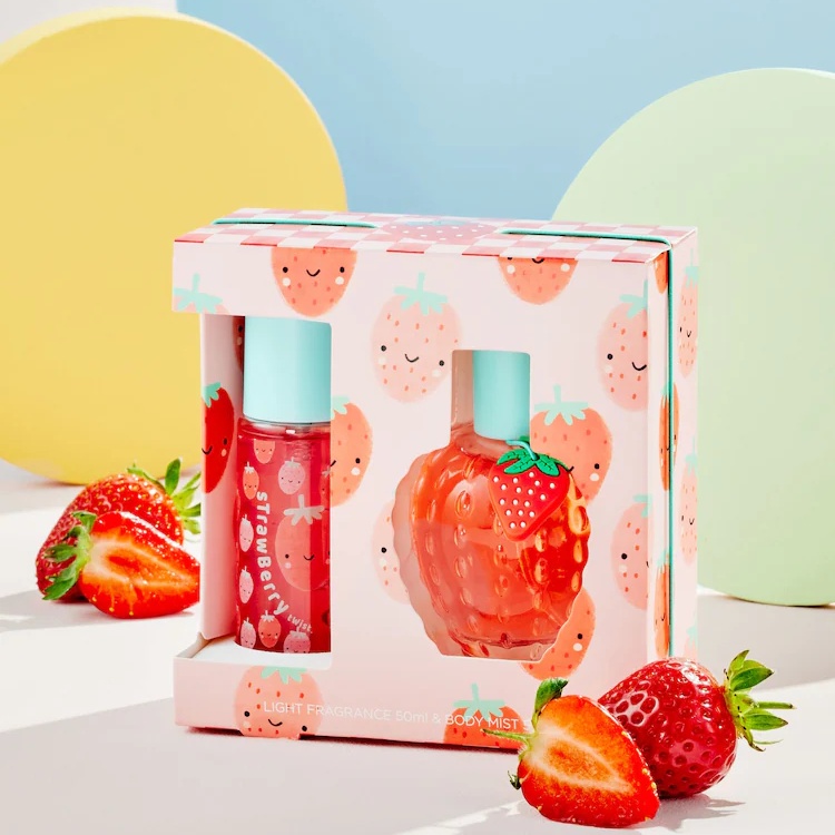 Kids Private Label Fruity Strawberry Sweet And Fresh 50ml Light Perfume And 50ml Body Mist With Cute Strawberry Hangtag Gift Set
