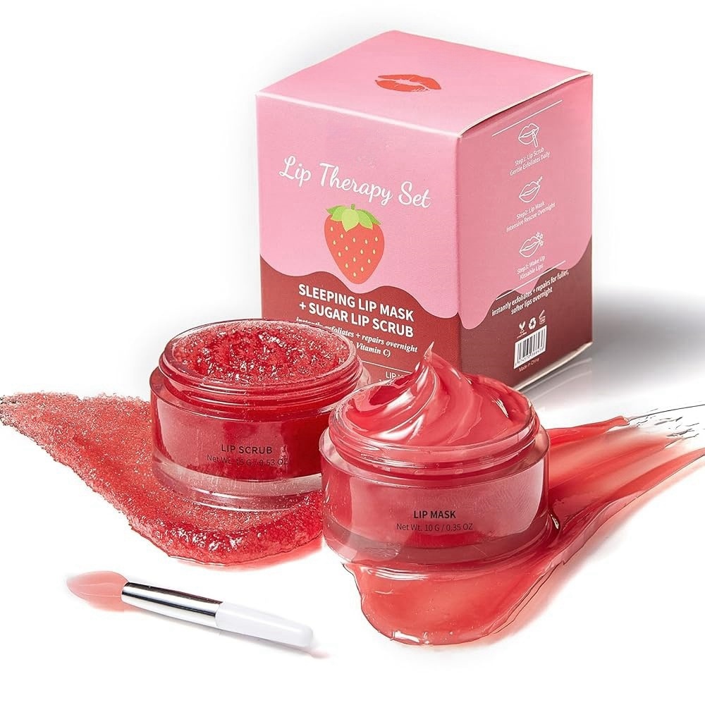 Private Label Fruity Strawberry Sweet 15g Lip Scrub And 10g Lip Mask With Gentle Exfoliating Dead Skin & Deep Moisturizing