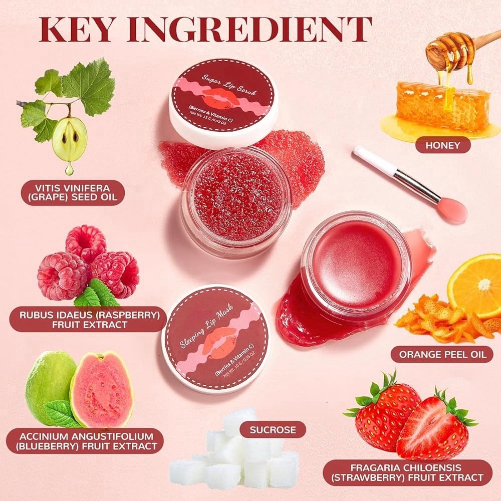 Private Label Fruity Strawberry Sweet 15g Lip Scrub And 10g Lip Mask With Gentle Exfoliating Dead Skin & Deep Moisturizing