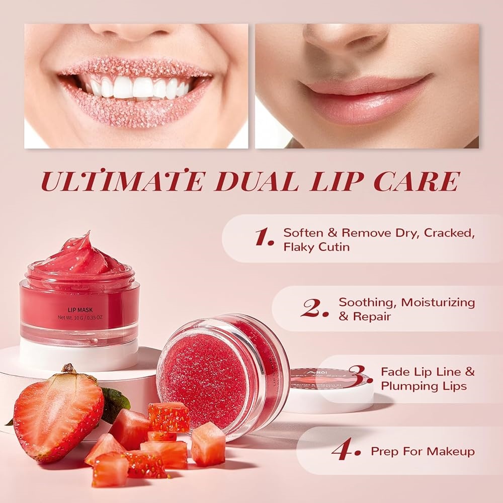 Private Label Fruity Strawberry Sweet 15g Lip Scrub And 10g Lip Mask With Gentle Exfoliating Dead Skin & Deep Moisturizing