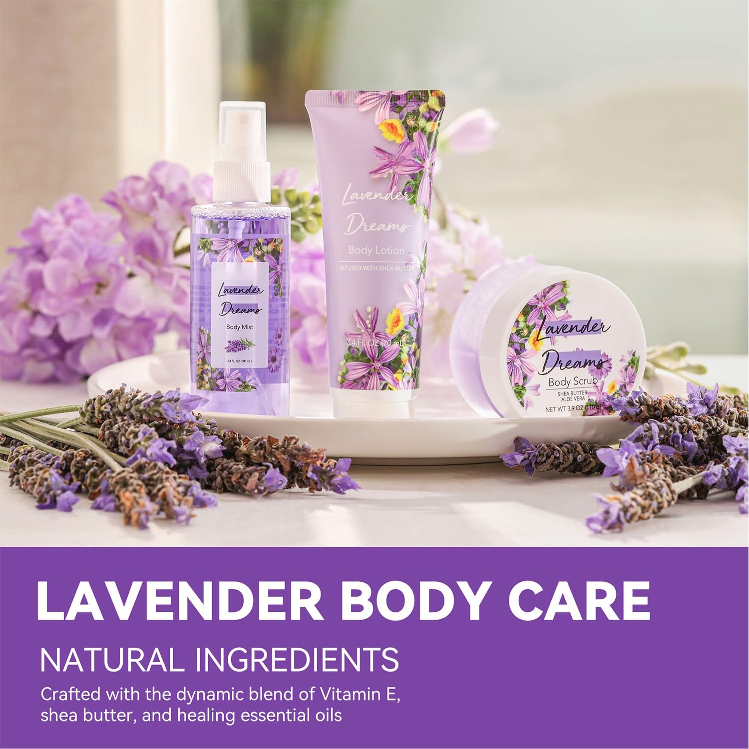 Oem Private Label Body Mist Gift Set - Spa Gifts For Women,Perfume,Body Lotion,And Body Scrub In A Lavender Dreams Box-