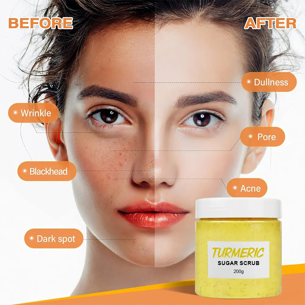 Best Selling 200g Organic Turmeric Body Scrub Vitamin C Fruit Exfoliating Body Polish For Whitening Private Label Turmeric Scrub