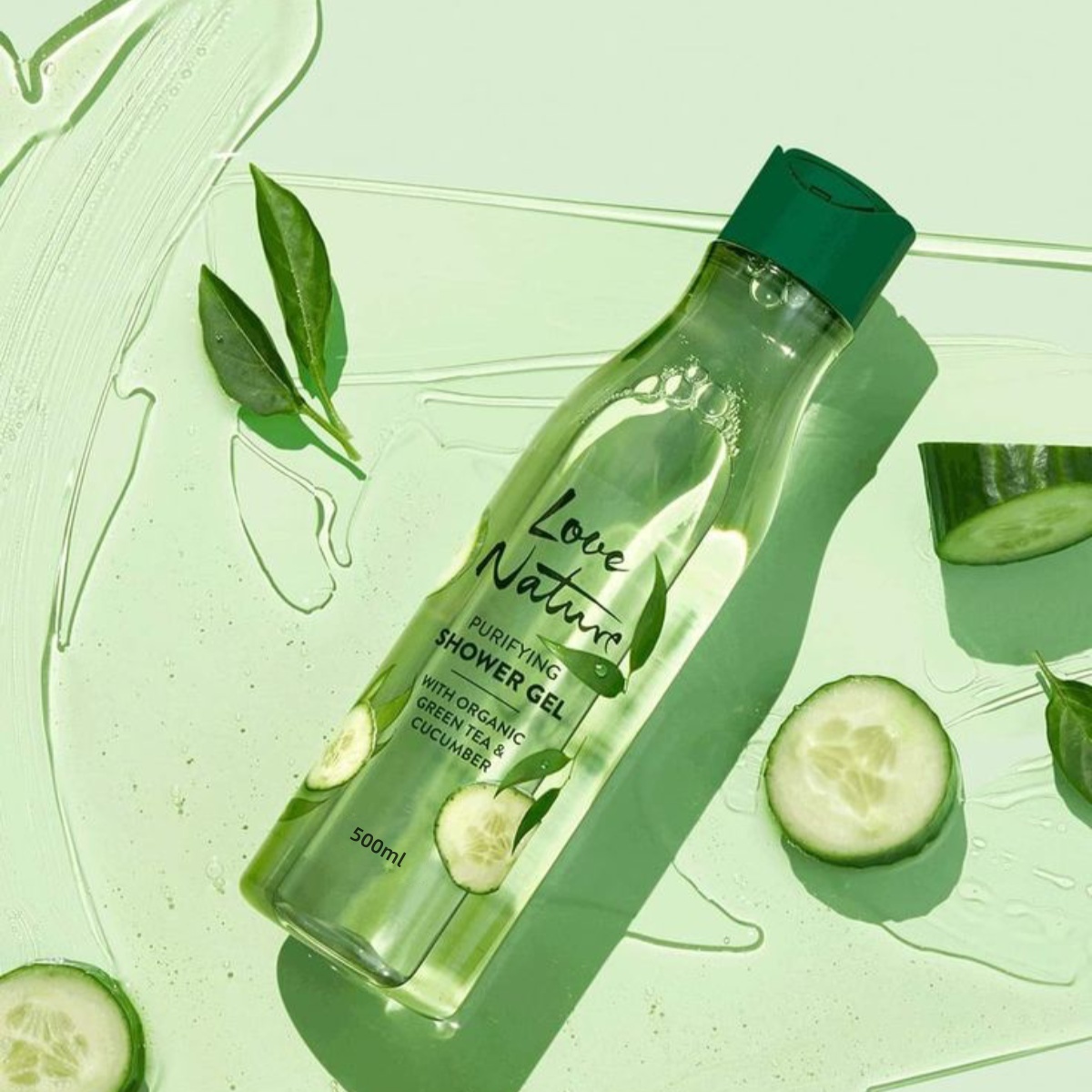Private Label Moisturizing Whitening Natural Fresh Green Tea And Cucumber 500ml Summer Tropical Theme Body Wash Shower Gel Cream