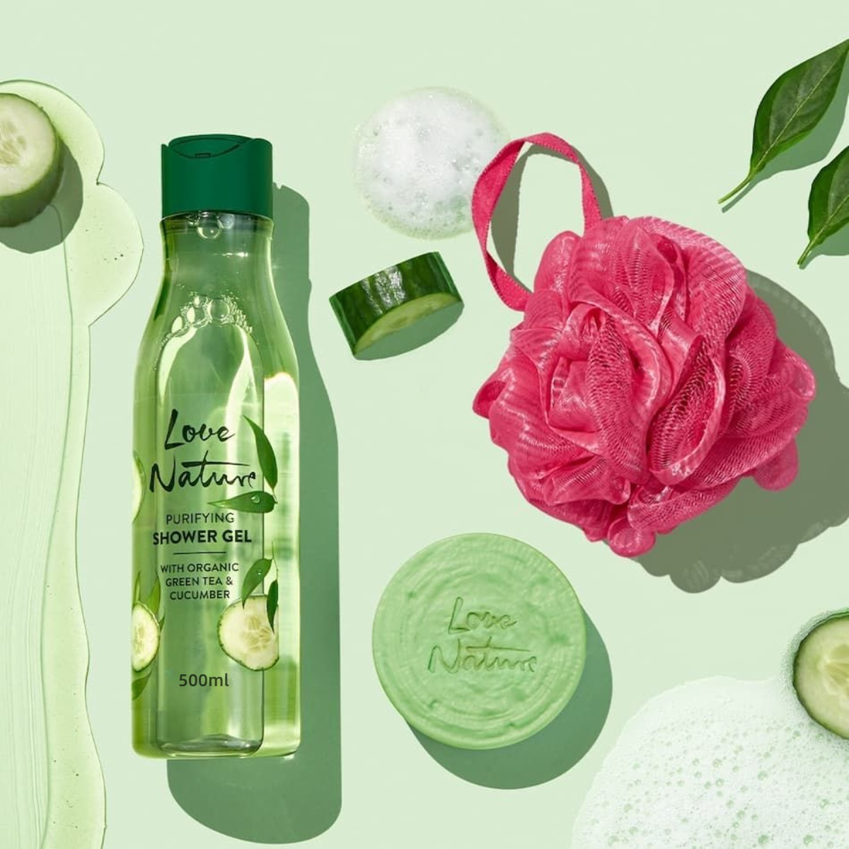 Private Label Moisturizing Whitening Natural Fresh Green Tea And Cucumber 500ml Summer Tropical Theme Body Wash Shower Gel Cream