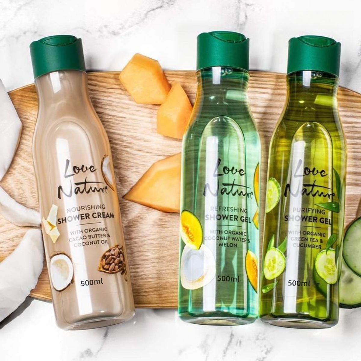 Private Label Moisturizing Whitening Natural Fresh Green Tea And Cucumber 500ml Summer Tropical Theme Body Wash Shower Gel Cream