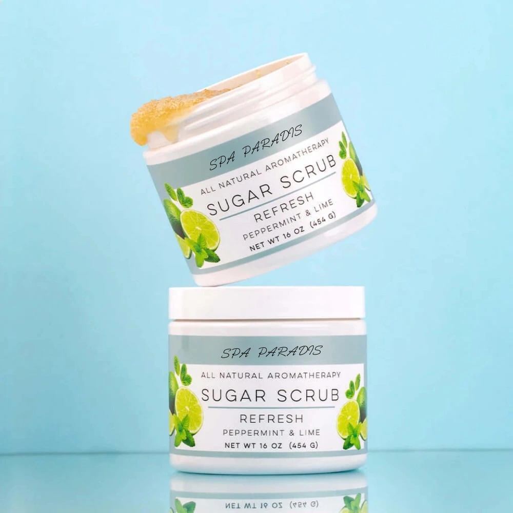 Oem Natural Aromatherapy Shea Butter Raw Sugar Whitening Hydrating Exfoliating Body Scrub Refresh Peppermint Lime Essential Oils
