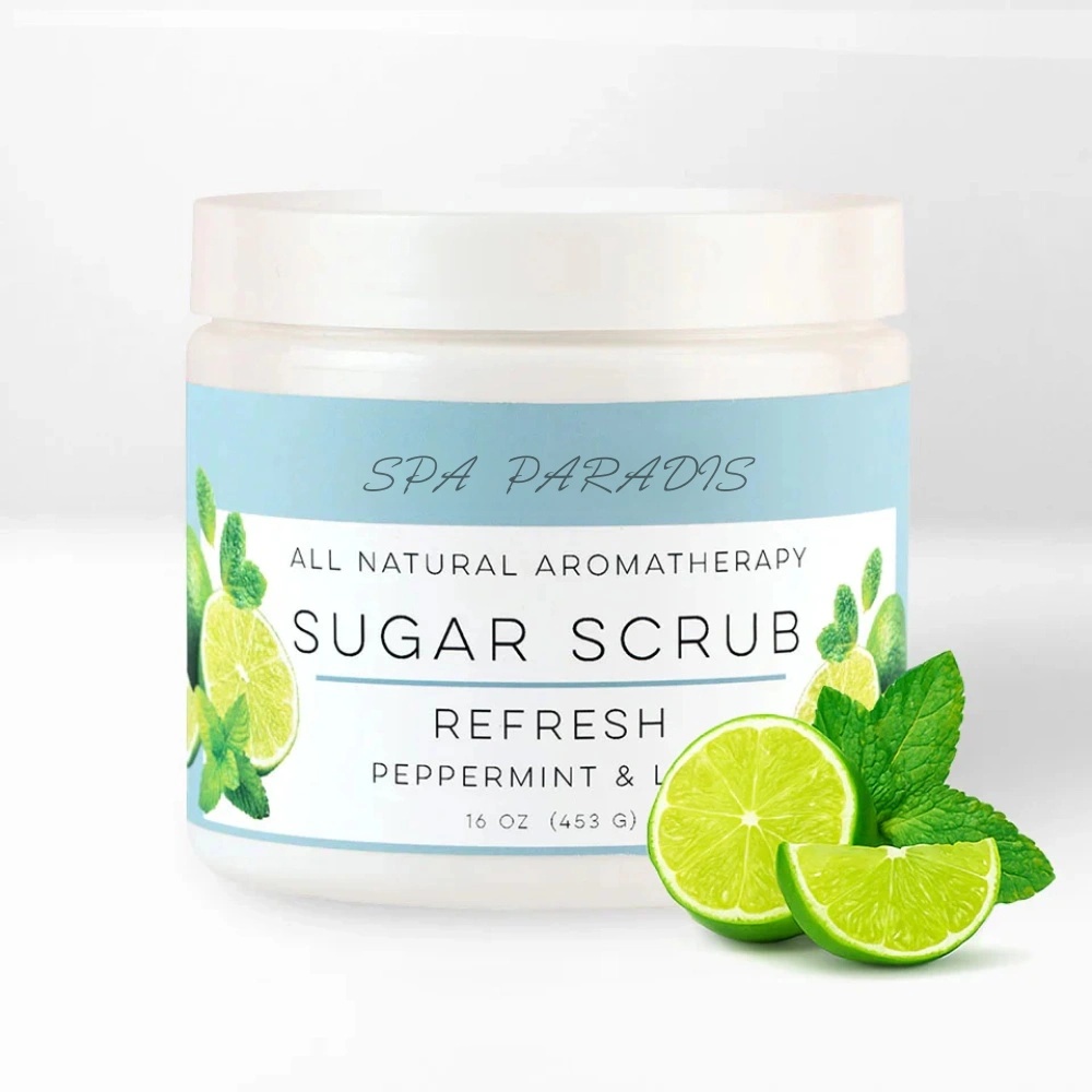 Oem Natural Aromatherapy Shea Butter Raw Sugar Whitening Hydrating Exfoliating Body Scrub Refresh Peppermint Lime Essential Oils