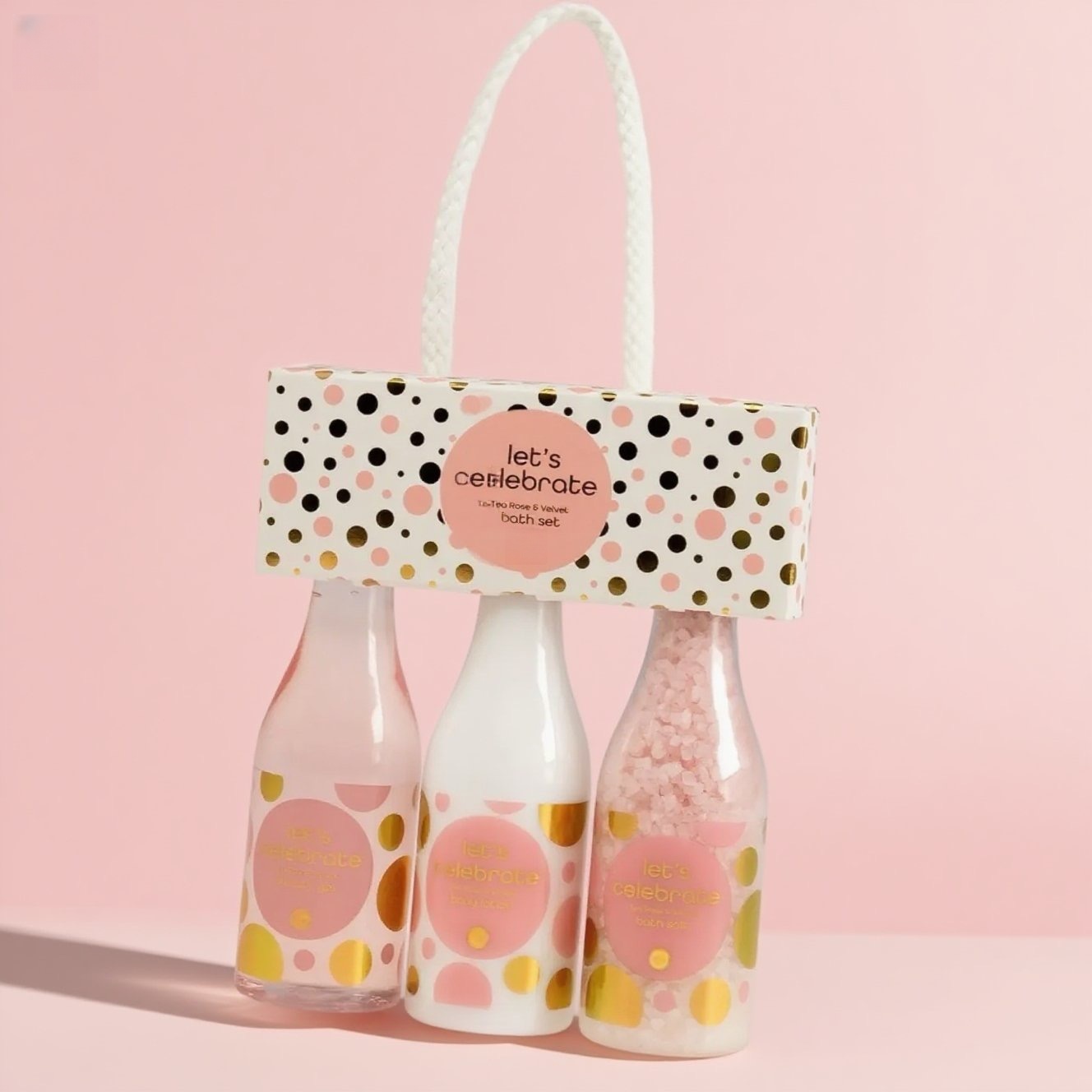 Oem Wholesale Let's Celebrate Women's Gift Set In Plastic Champagne Bottle - Bath & Shower Set With Tea Rose & Velvet Scent