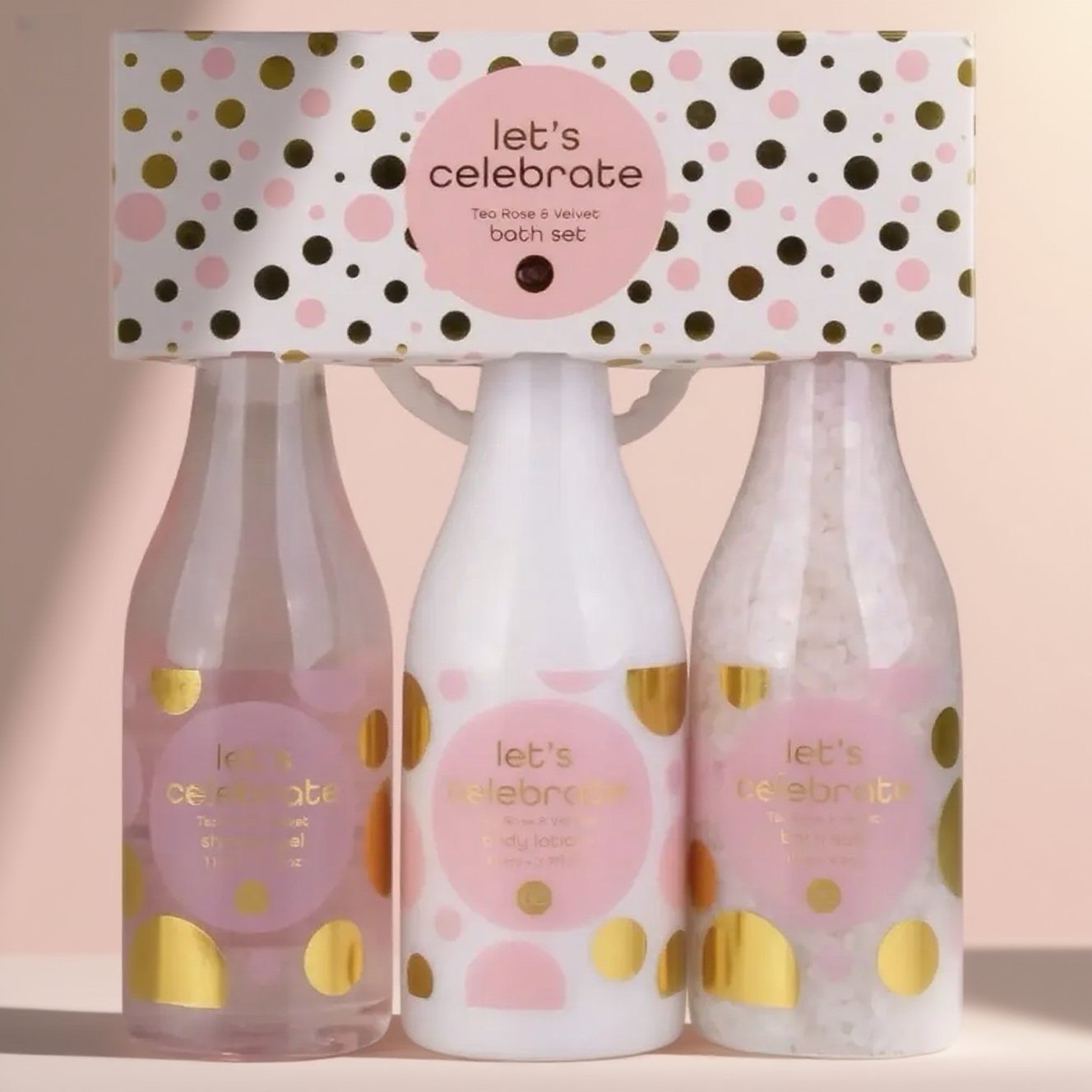 Oem Wholesale Let's Celebrate Women's Gift Set In Plastic Champagne Bottle - Bath & Shower Set With Tea Rose & Velvet Scent