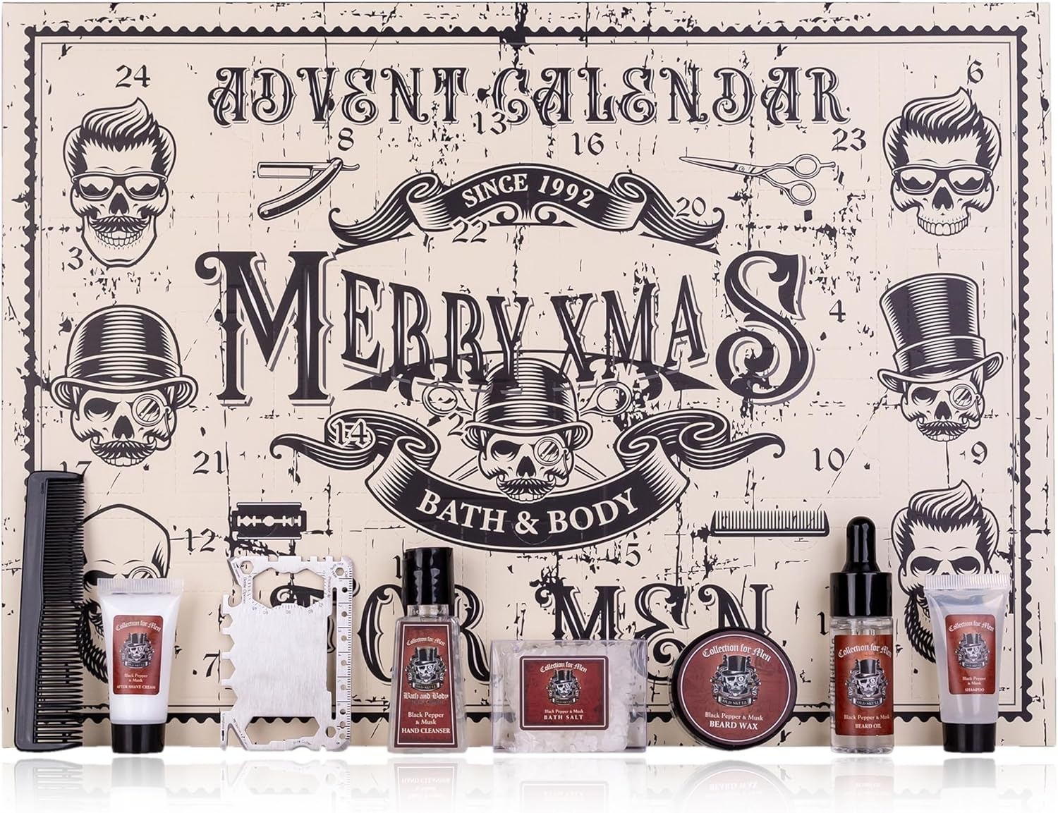 Oem Stylish Men's Skull Design Advent Calendar With 24 Beauty Wellness Surprises Shea Butter Nourishing Gift Set