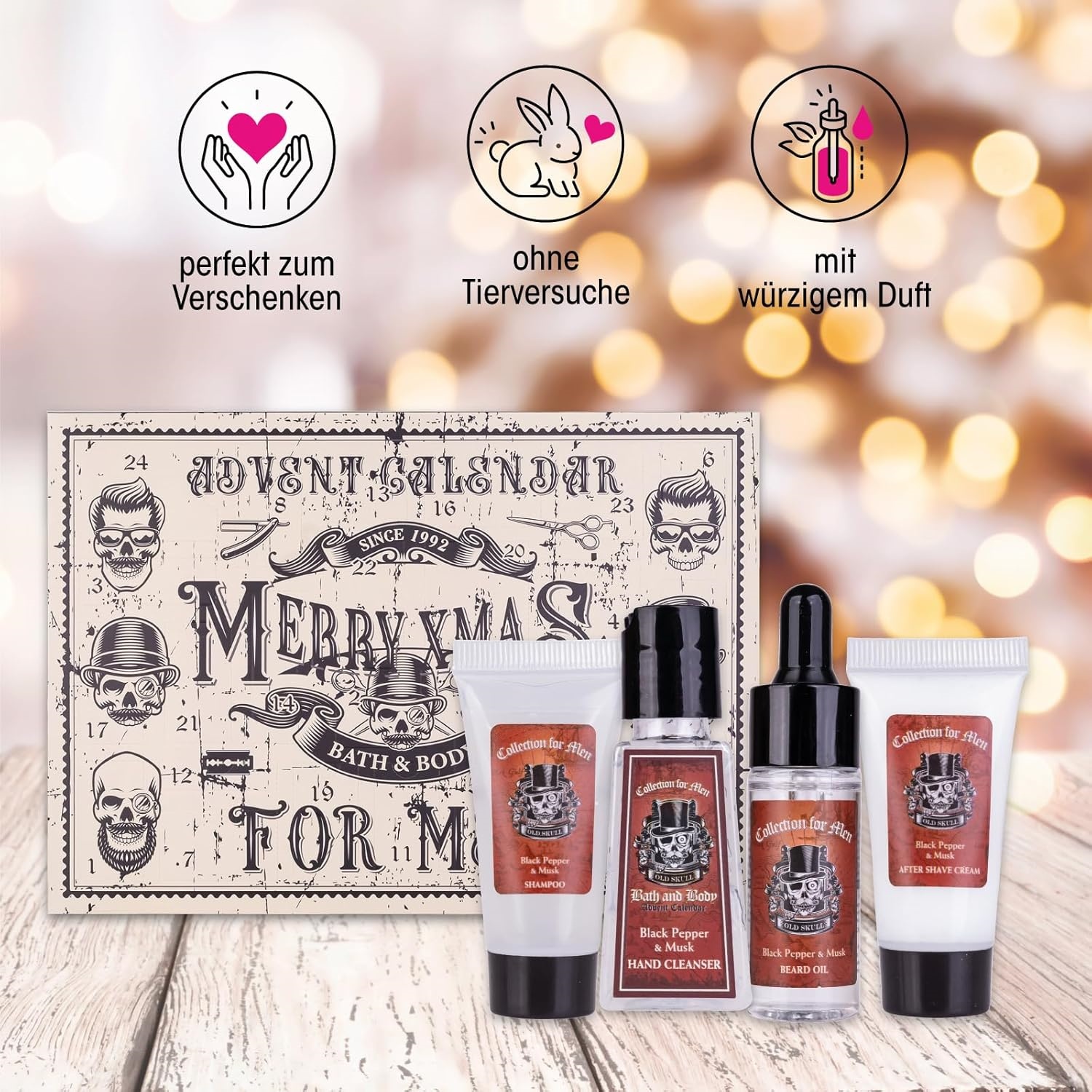 Oem Stylish Men's Skull Design Advent Calendar With 24 Beauty Wellness Surprises Shea Butter Nourishing Gift Set