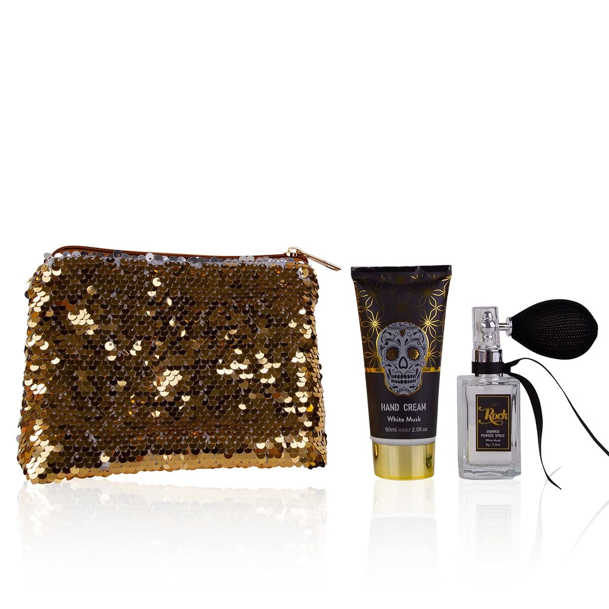 Oem Herbal Skull Chic Gift Set Aloe Vera White Musk Fragrance 3-piece Stylish Sequin Cosmetic Bag Includes Hand Cream Body Mist