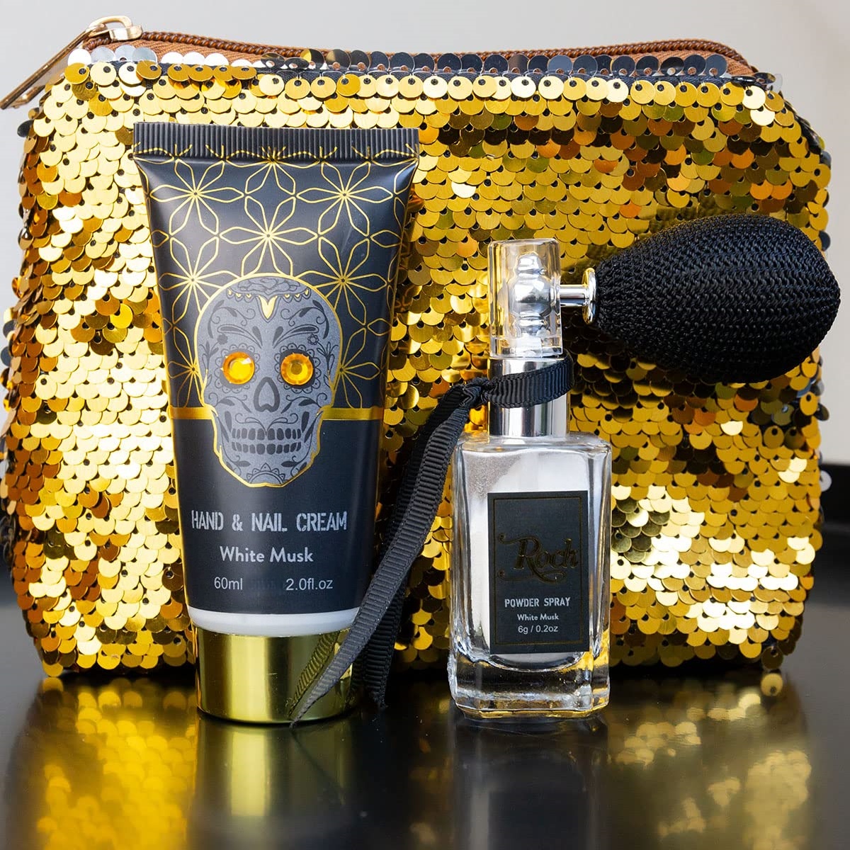 Oem Herbal Skull Chic Gift Set Aloe Vera White Musk Fragrance 3-piece Stylish Sequin Cosmetic Bag Includes Hand Cream Body Mist