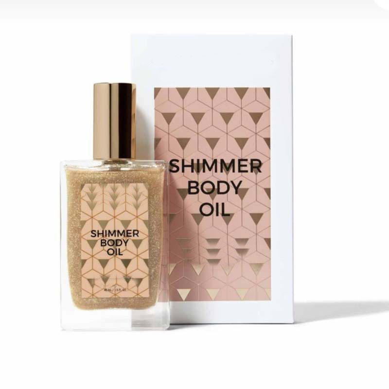 Custom Logo Organic Body Shimmer Oil Eco-friendly Waterproof Squared Glass Bottle Gold Finish Scented Body Shimmer Oil