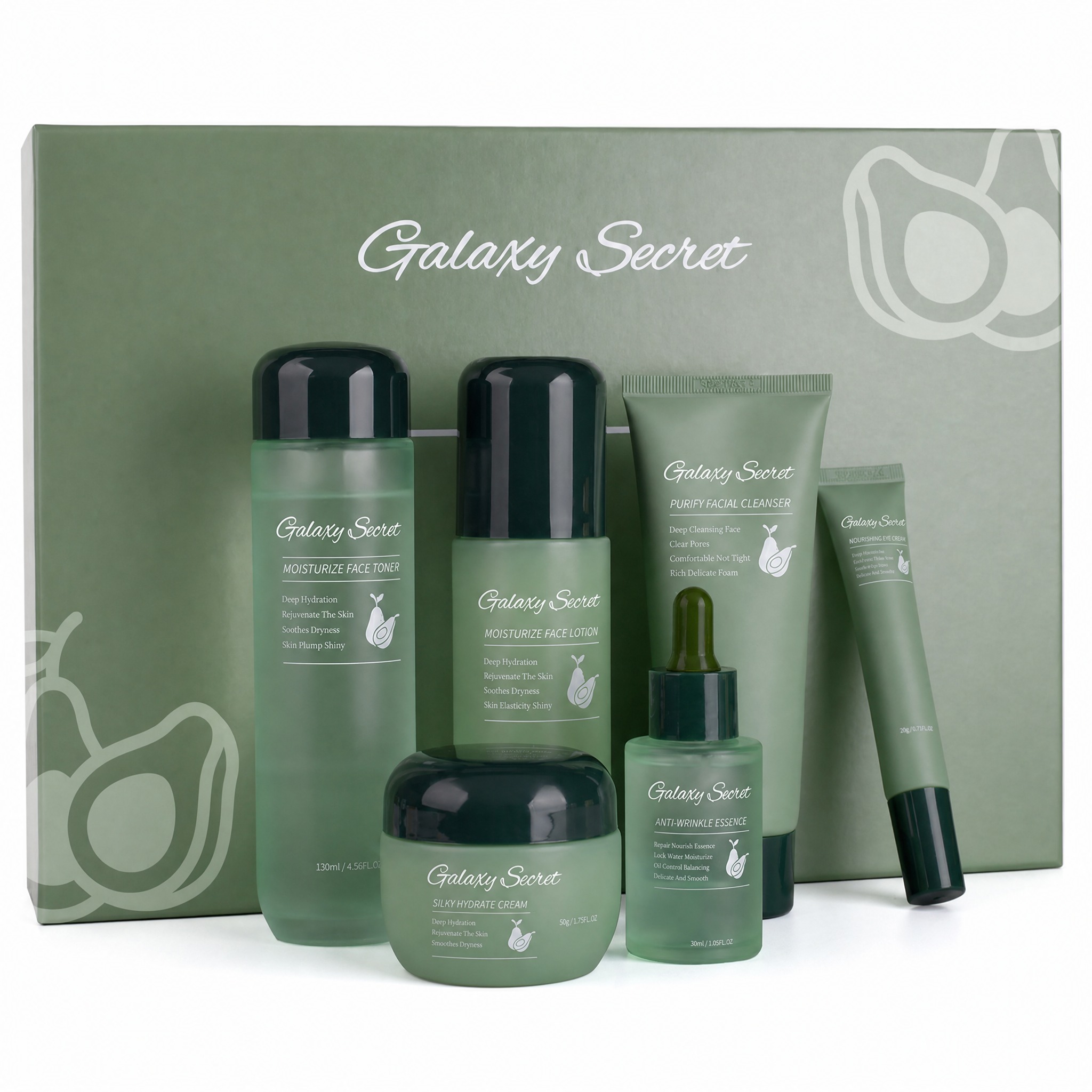 Oem Avocado 6-piece Skincare Gift Kits For Women Glycerin Hyaluronic Acid Anti-wrinkle Moisturizing Facial Cleanser Cream Eye