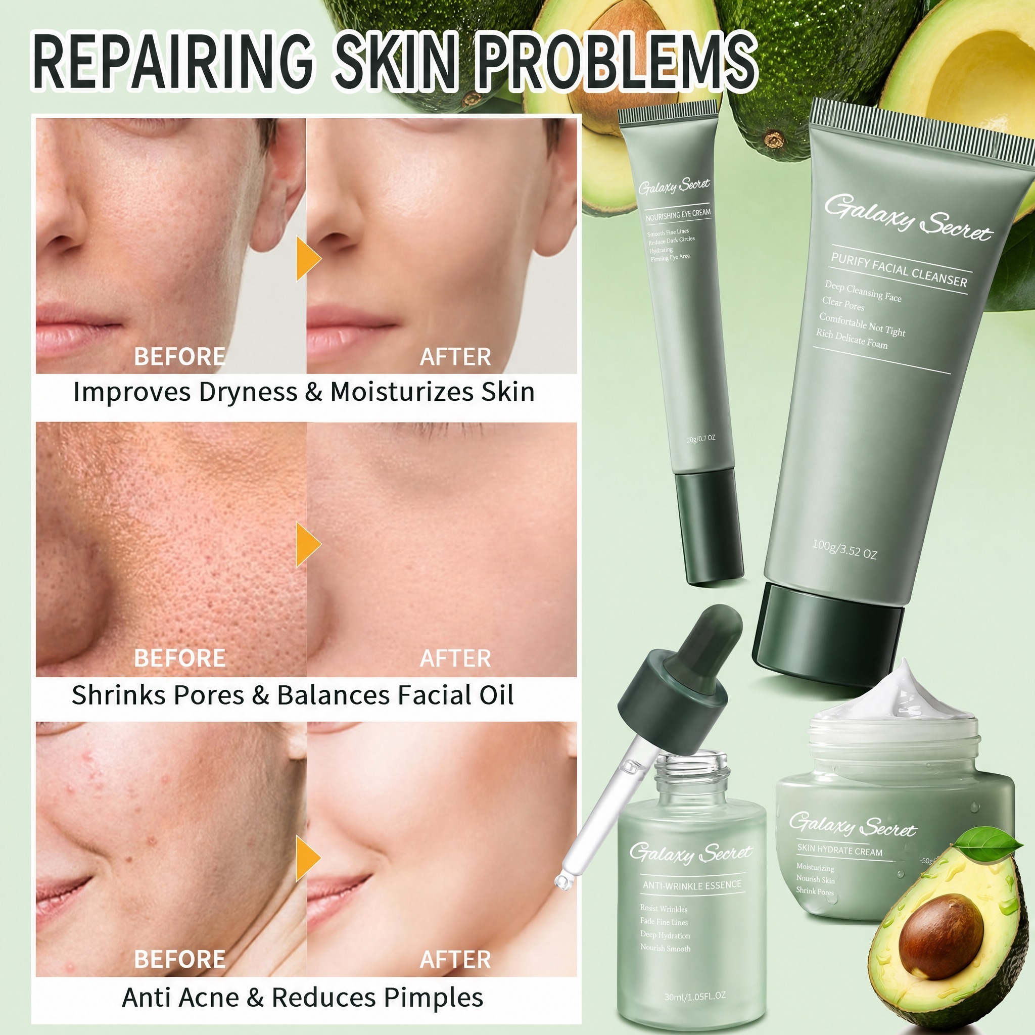 Oem Avocado 6-piece Skincare Gift Kits For Women Glycerin Hyaluronic Acid Anti-wrinkle Moisturizing Facial Cleanser Cream Eye