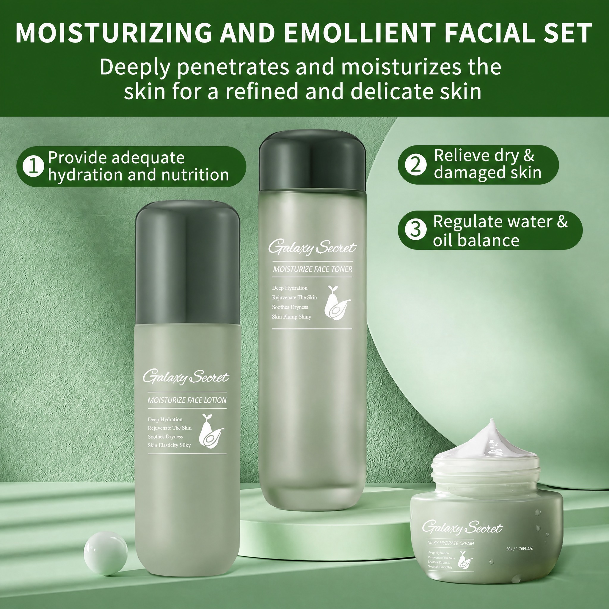 Oem Avocado 6-piece Skincare Gift Kits For Women Glycerin Hyaluronic Acid Anti-wrinkle Moisturizing Facial Cleanser Cream Eye