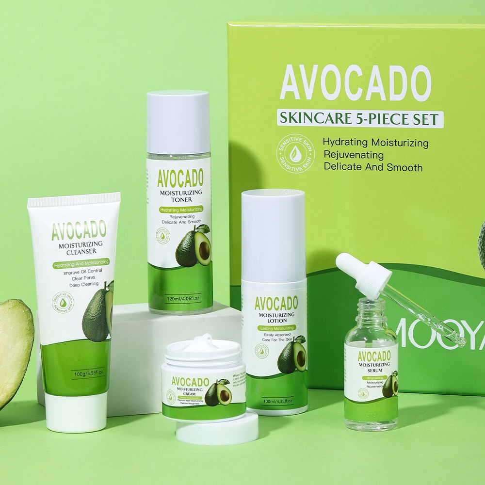 Private Label Skincare Set With Avocado Moisturizing Facial Serum Cream Face Wash Cleanser Lotion Toner Oem Skin Care Collection