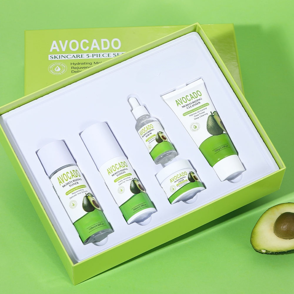 Private Label Skincare Set With Avocado Moisturizing Facial Serum Cream Face Wash Cleanser Lotion Toner Oem Skin Care Collection
