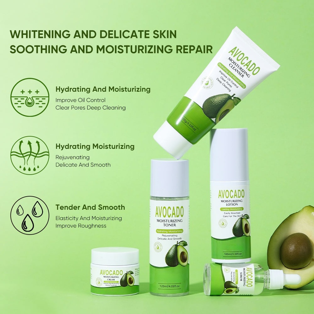 Private Label Skincare Set With Avocado Moisturizing Facial Serum Cream Face Wash Cleanser Lotion Toner Oem Skin Care Collection