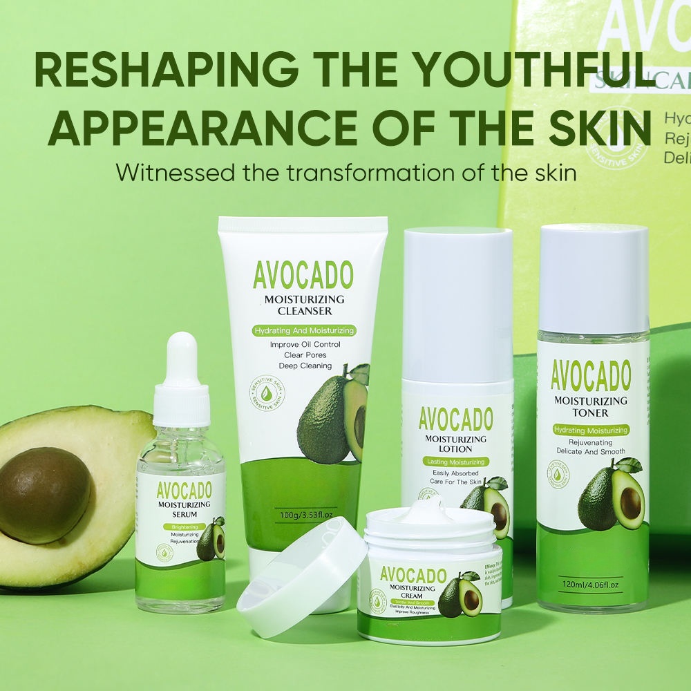Private Label Skincare Set With Avocado Moisturizing Facial Serum Cream Face Wash Cleanser Lotion Toner Oem Skin Care Collection