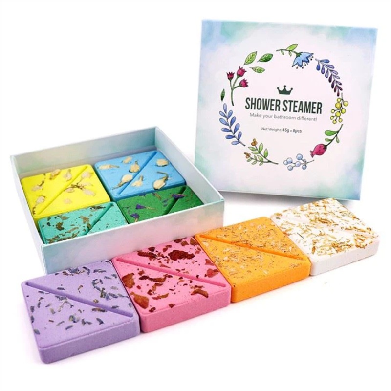Oem Private Label Organic Shower Steamer Boxed Custom Scent Aromatherapy Shower Tablets Hotel Essential Oil Dried Flower Square
