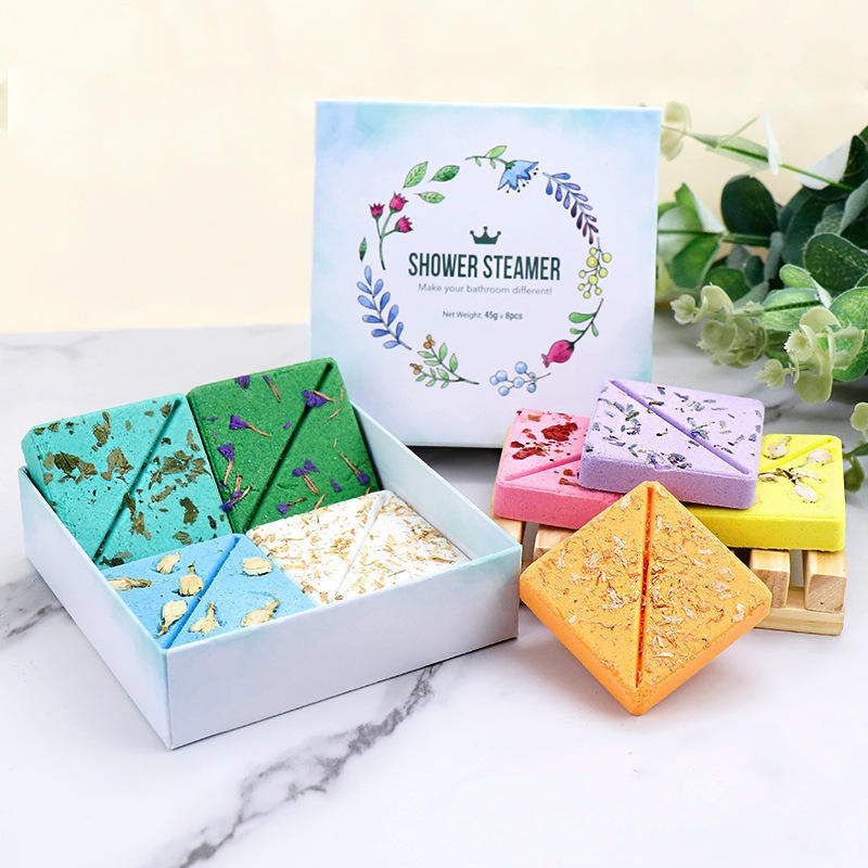 Oem Private Label Organic Shower Steamer Boxed Custom Scent Aromatherapy Shower Tablets Hotel Essential Oil Dried Flower Square