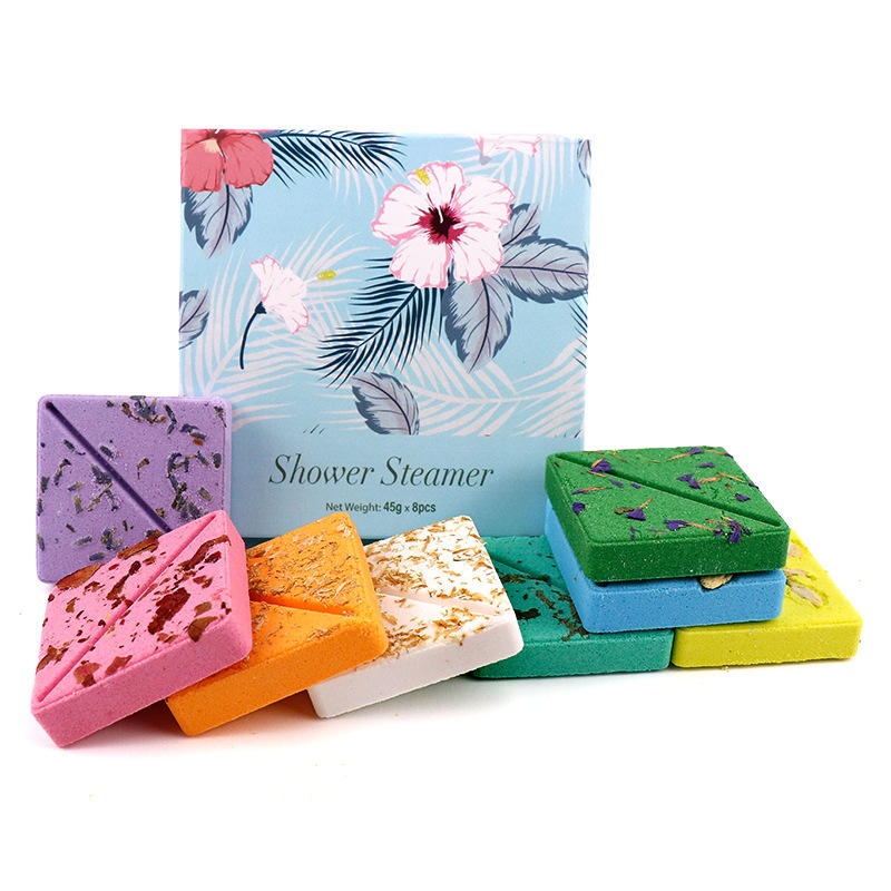 Oem Private Label Organic Shower Steamer Boxed Custom Scent Aromatherapy Shower Tablets Hotel Essential Oil Dried Flower Square