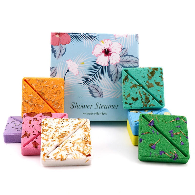 Oem Private Label Organic Shower Steamer Boxed Custom Scent Aromatherapy Shower Tablets Hotel Essential Oil Dried Flower Square