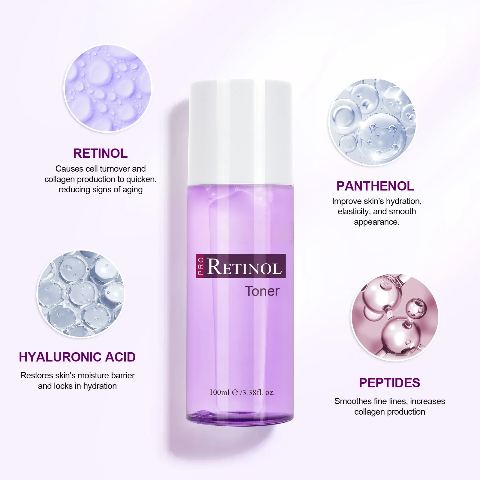 Private Label Luxury Organic Retinol Anti-aging Daily Use Facial Toner Peptides Hyaluronic Acid Panthenol Mineral Whitening Oily