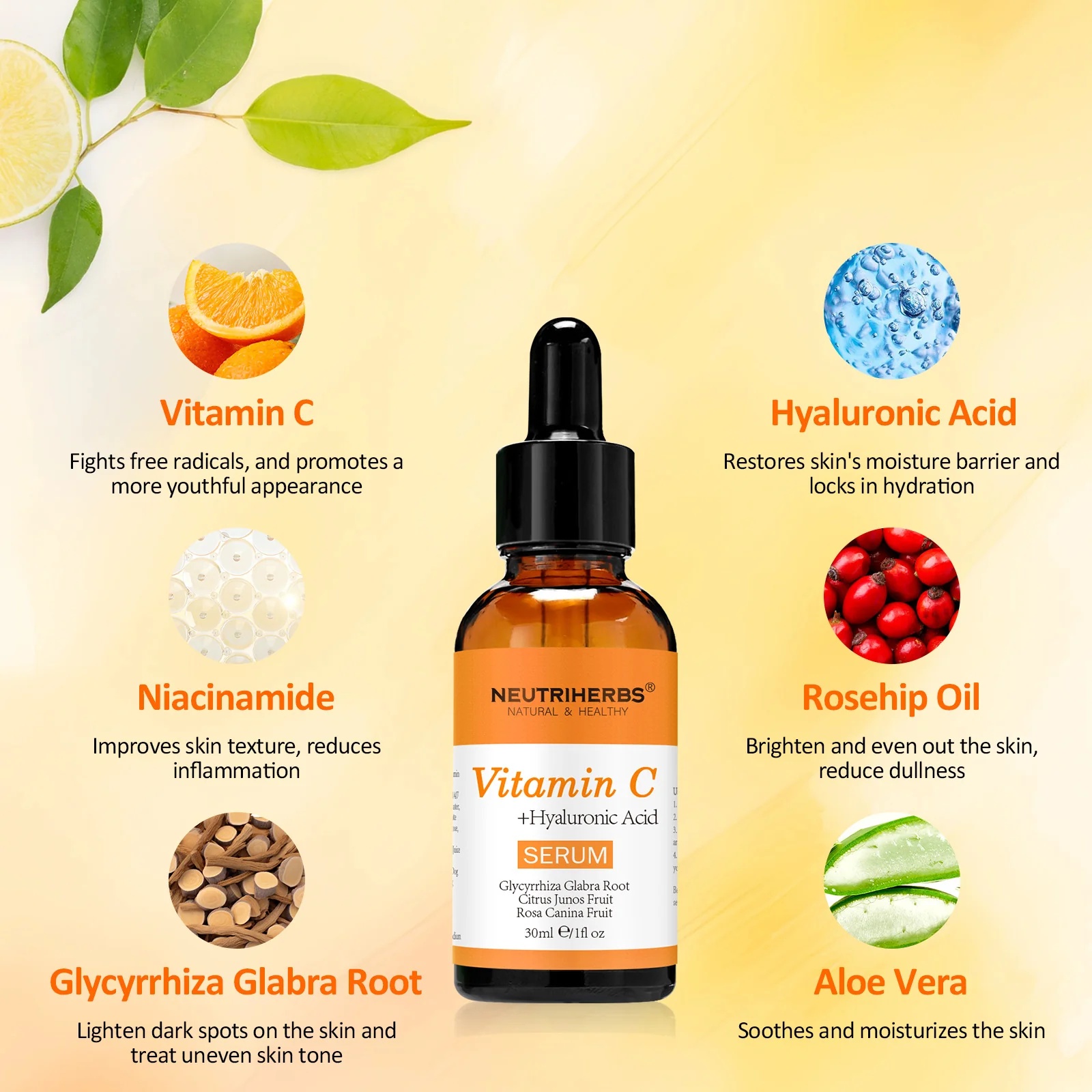 Oem Private Label Organic Vitamin C & Hyaluronic Acid Face Serum For Women Dark Spot Remover & Brightening 30ml